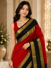 Vervee Couture Women Red & Black Woven Design Zari Silk Blend Saree