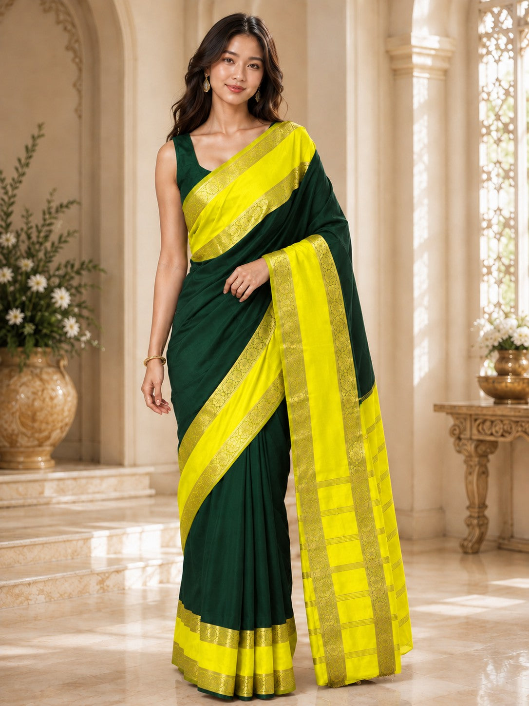 Vervee Couture Women Green & Yellow Woven Design Zari Silk Blend Saree