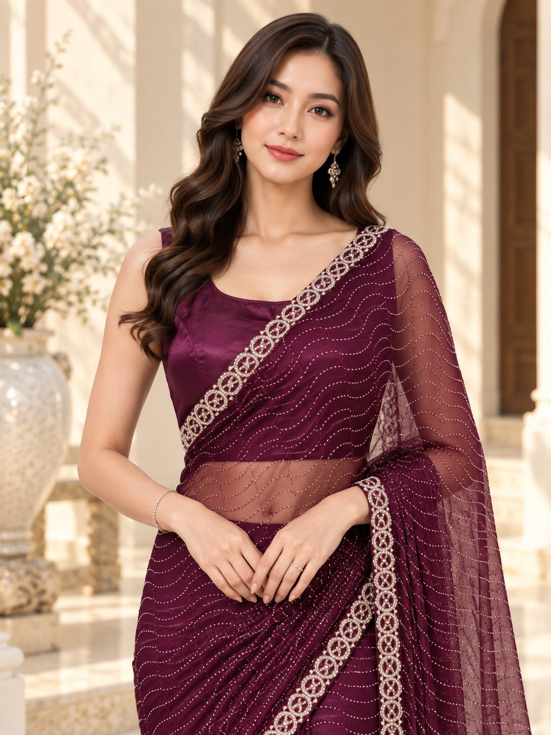 Vervee Couture Women Wine Embellished Net Saree with Semi-Stitched Designer Blouse