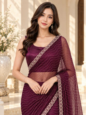 Vervee Couture Women Wine Embellished Net Saree with Semi-Stitched Designer Blouse