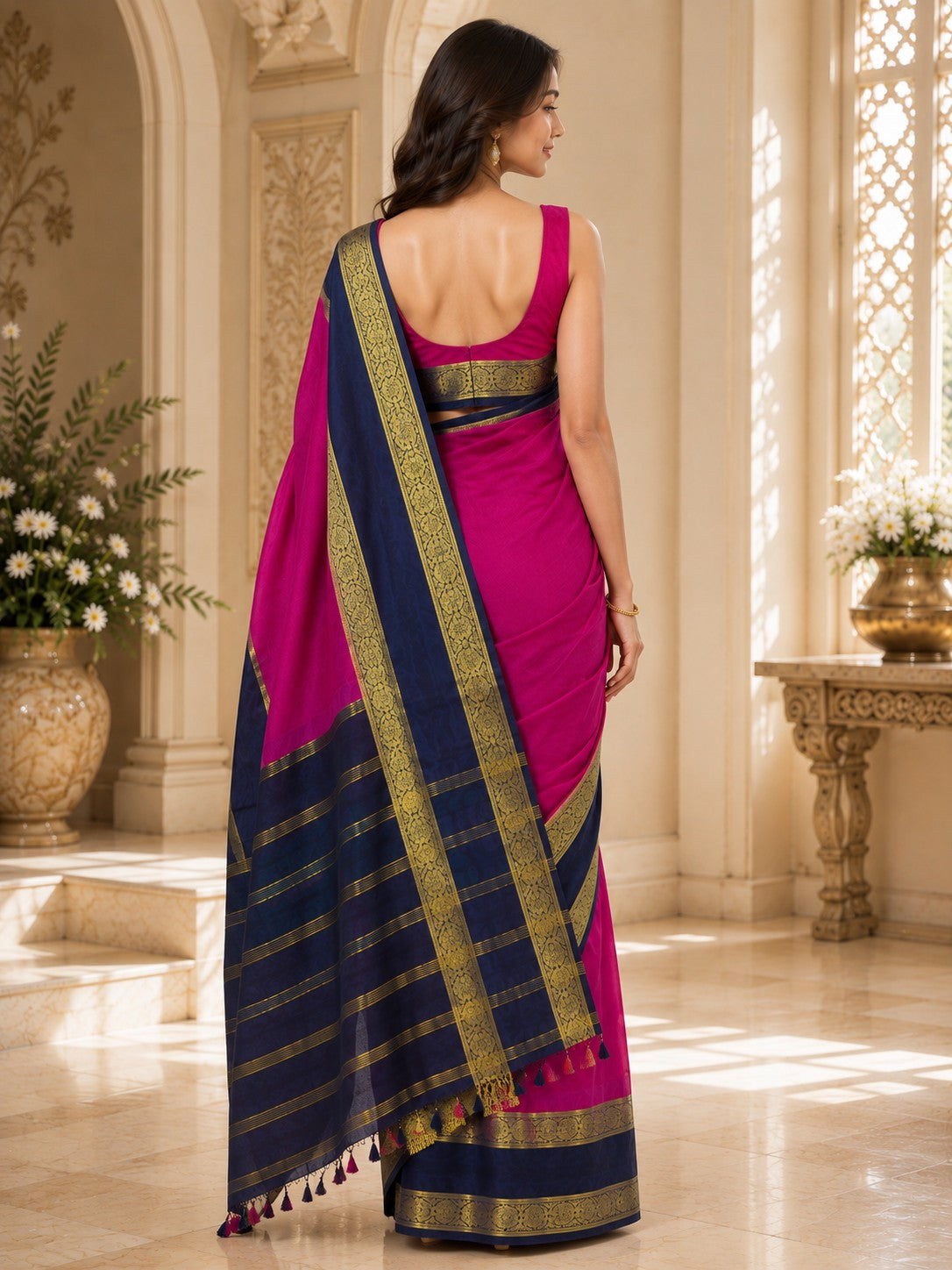 Vervee Couture Women Pink & Navy Blue Woven Design Zari Silk Saree