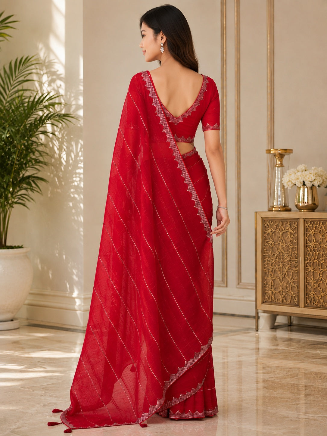 Vervee Couture Women Red Silver-Toned Stone Embellished Poly Georgette Saree