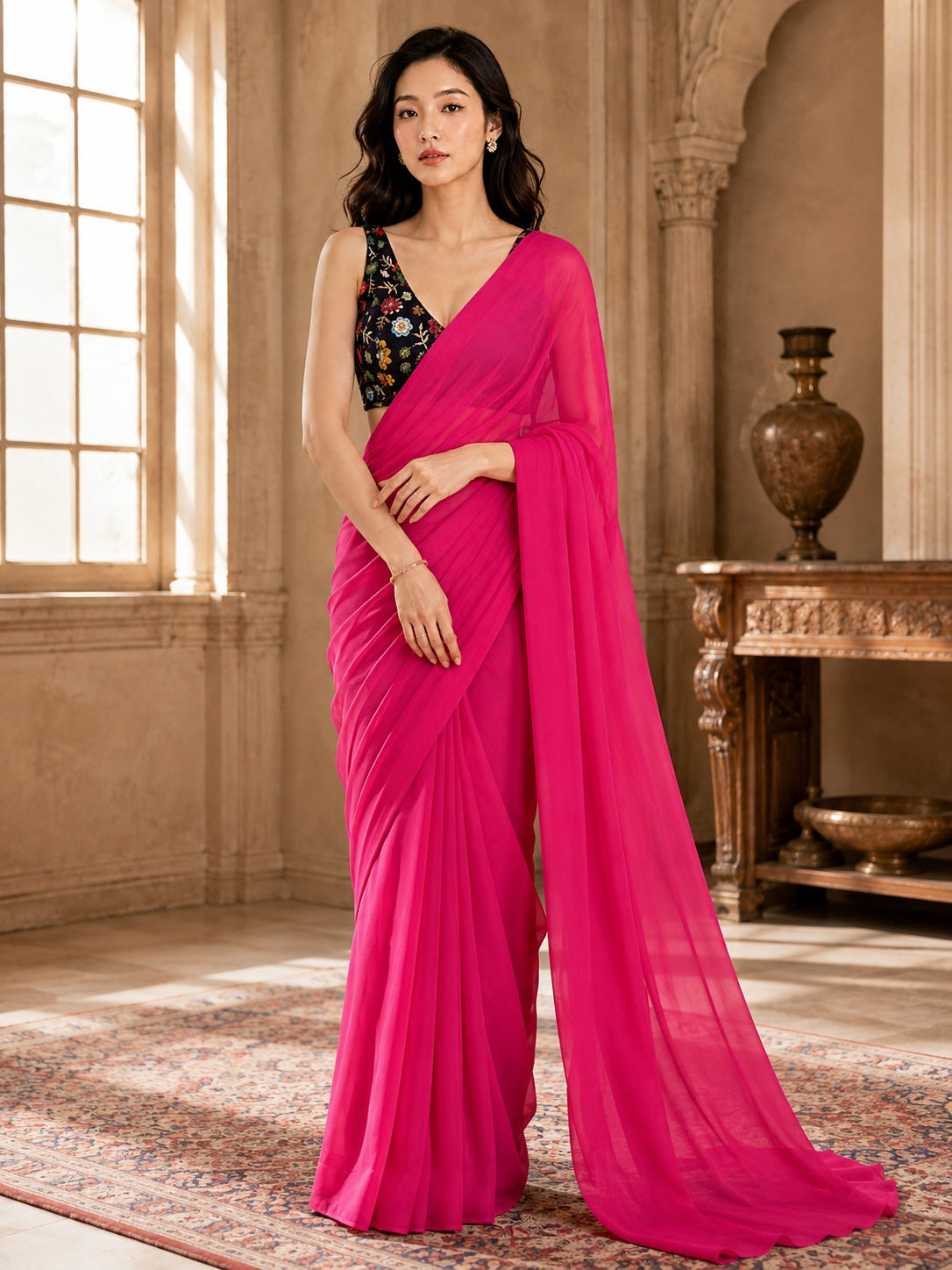 Vervee Couture Women Pink Solid Poly Georgette Saree with Semi-Stitched Designer Blouse