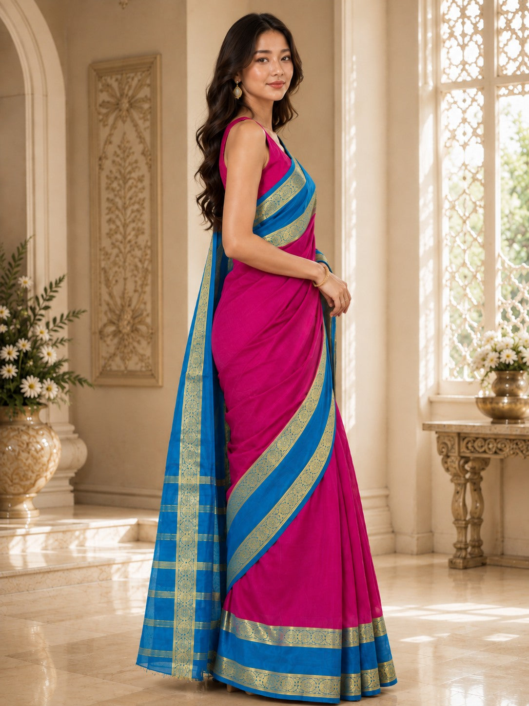Vervee Couture Women Pink & Blue Woven Design Zari Silk Blend Saree