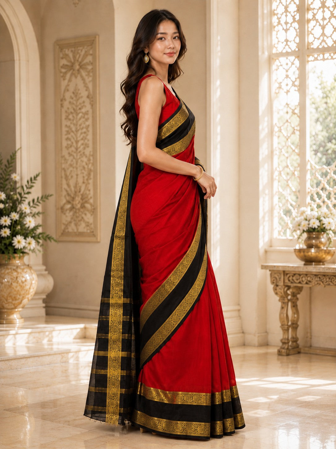 Vervee Couture Women Red & Black Woven Design Zari Silk Blend Saree