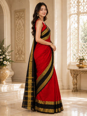 Vervee Couture Women Red & Black Woven Design Zari Silk Blend Saree