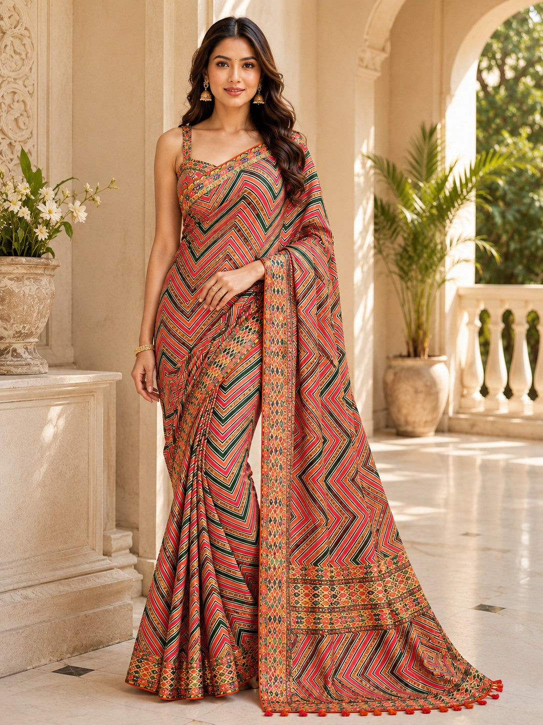 Vervee Couture Women Orange & Green Geometric Printed Georgette Saree