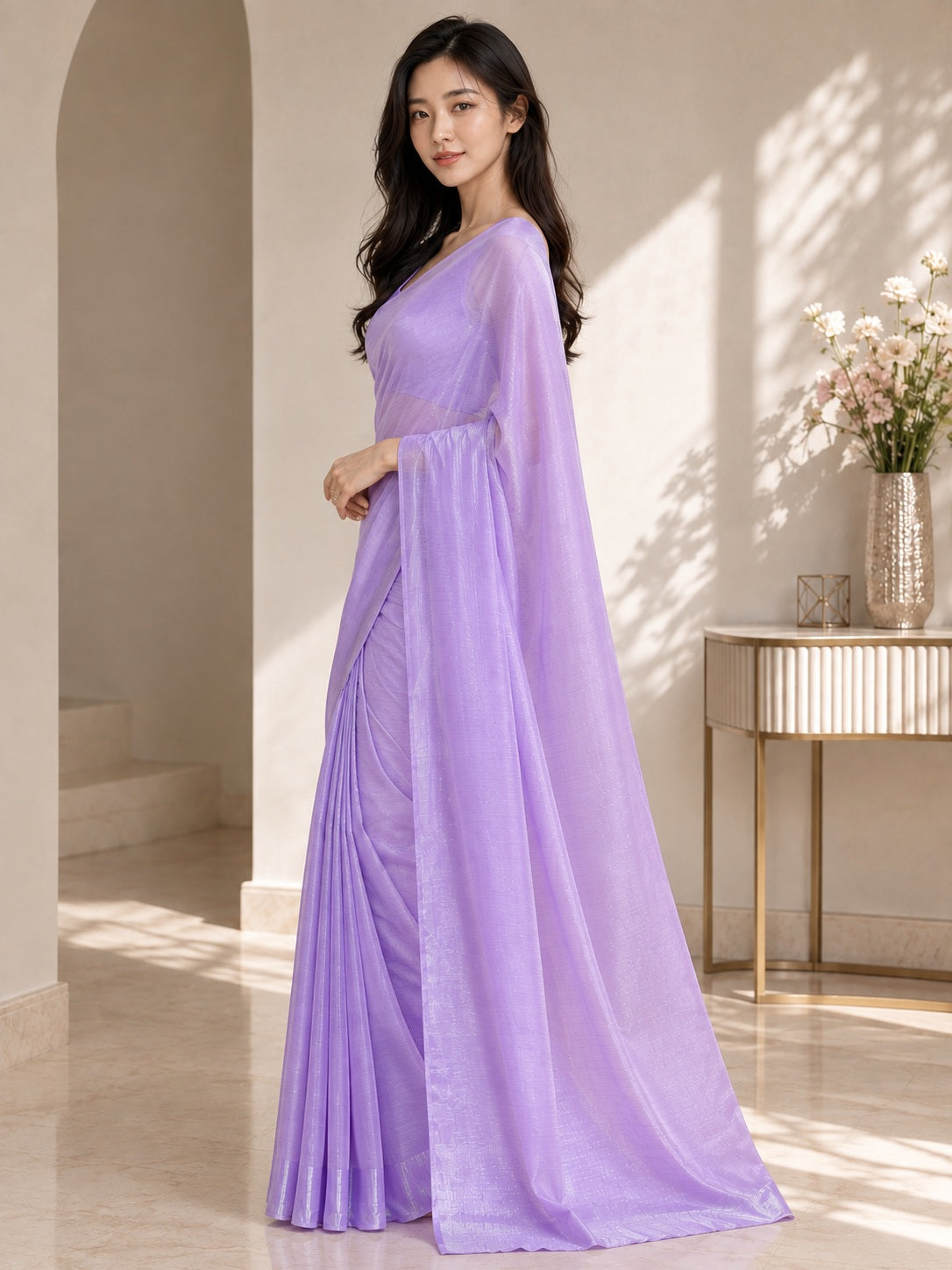 Vervee Couture Women Lavender Solid Poly Georgette Saree with Semi-Stitched Designer Blouse