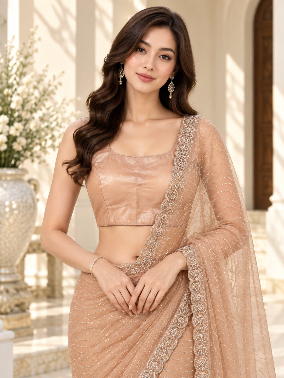 Vervee Couture Women Beige Embellished Net Saree with Semi-Stitched Designer Blouse