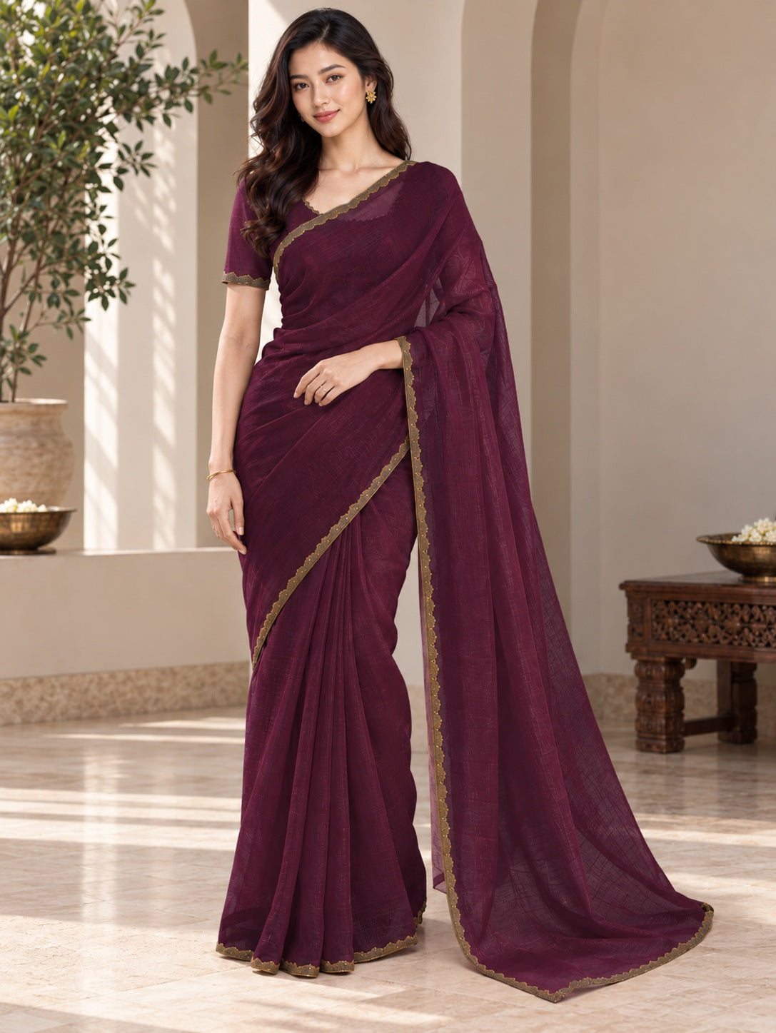 Vervee Couture Women Purple Solid Tissue Saree