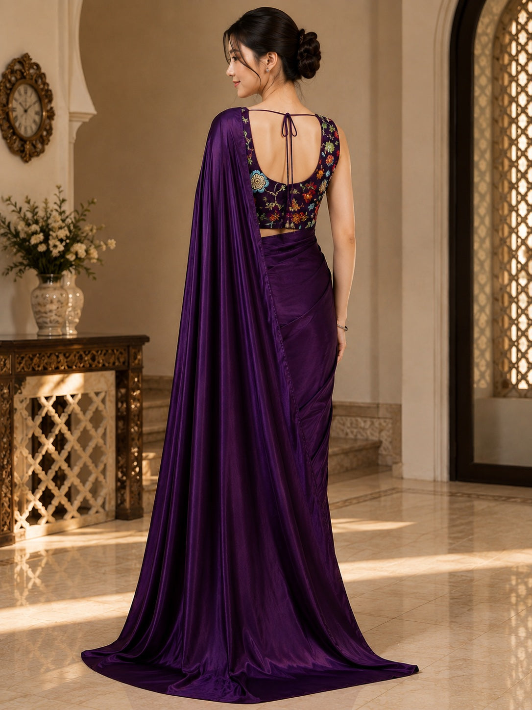 Vervee Couture Women Purple Solid Satin Saree with Semi-Stitched Designer Blouse