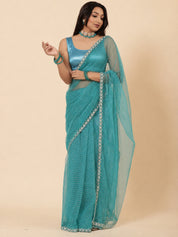 Vervee Couture Women Turquoise Blue Embellished Net Saree with Semi-Stitched Designer Blouse