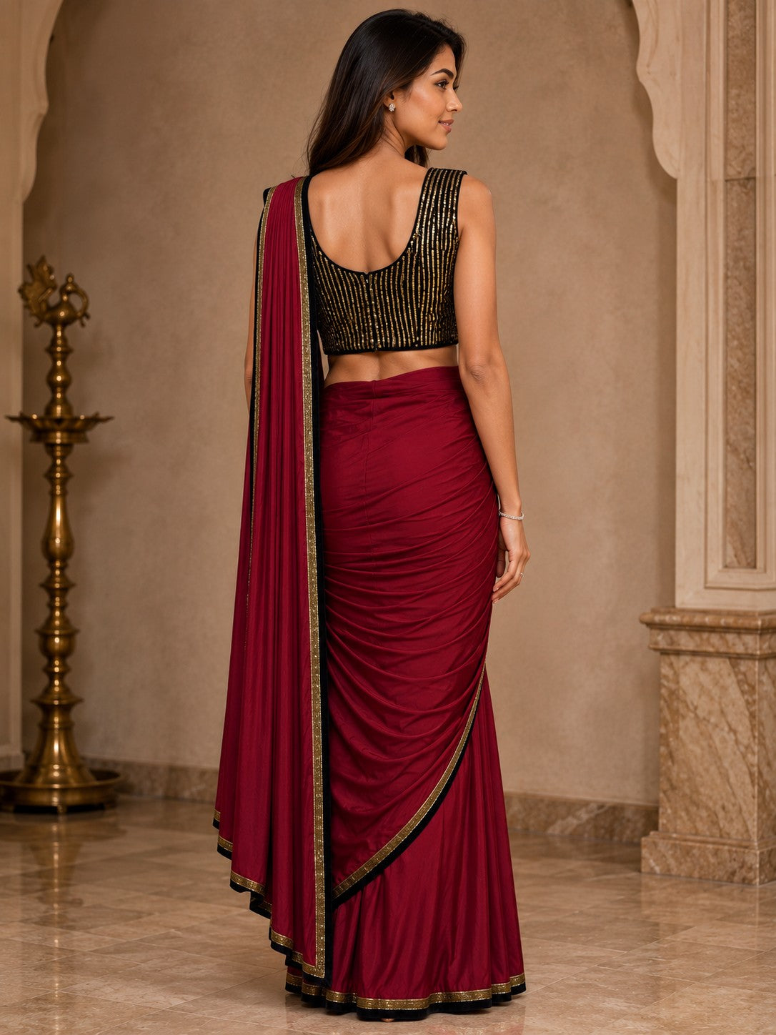 Vervee Couture Women Maroon Sequinned Ready to Wear Saree