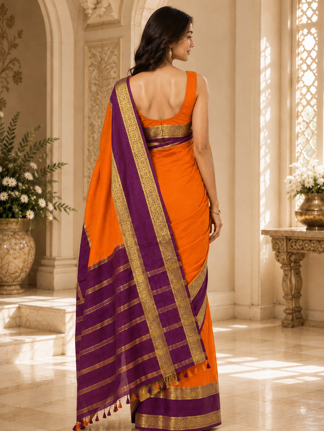 Vervee Couture Women Orange & Purple Woven Design Zari Silk Blend Saree