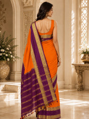 Vervee Couture Women Orange & Purple Woven Design Zari Silk Blend Saree