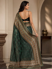 Vervee Couture Women Green Sequinned Net Saree with Semi-Stitched Designer Blouse