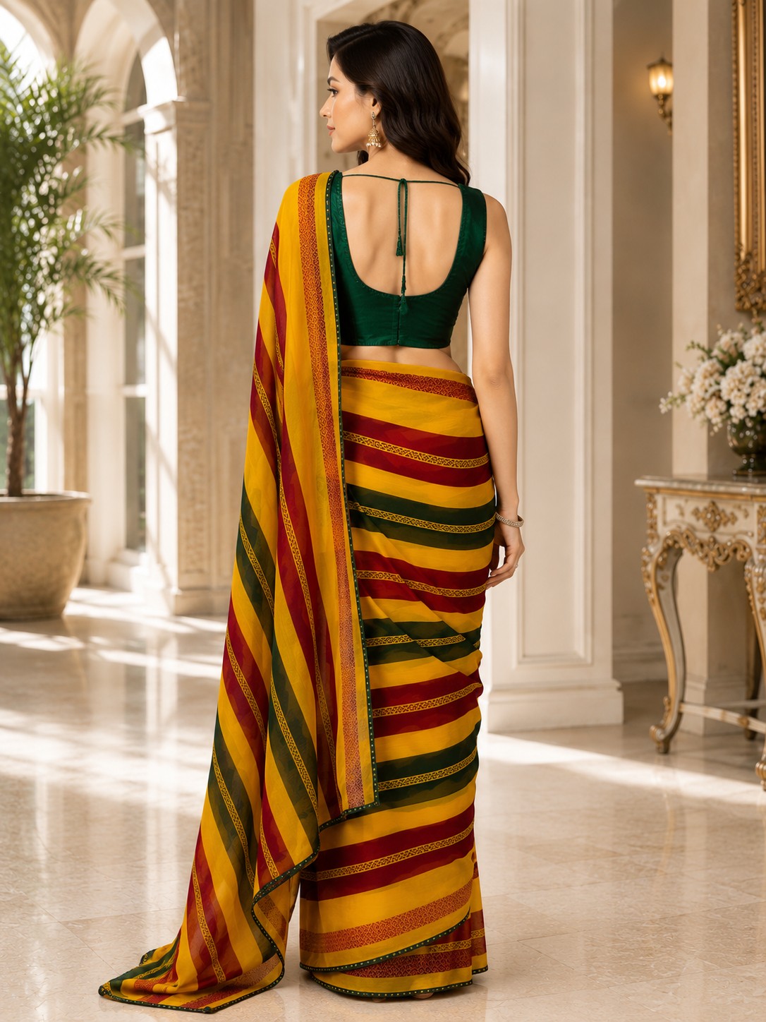 Vervee Couture Women Yellow Maroon & Green Striped Georgette Saree with Semi-Stitched Blouse