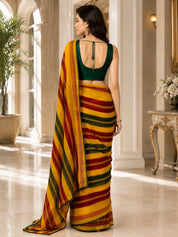 Vervee Couture Women Yellow Maroon & Green Striped Georgette Saree with Semi-Stitched Blouse