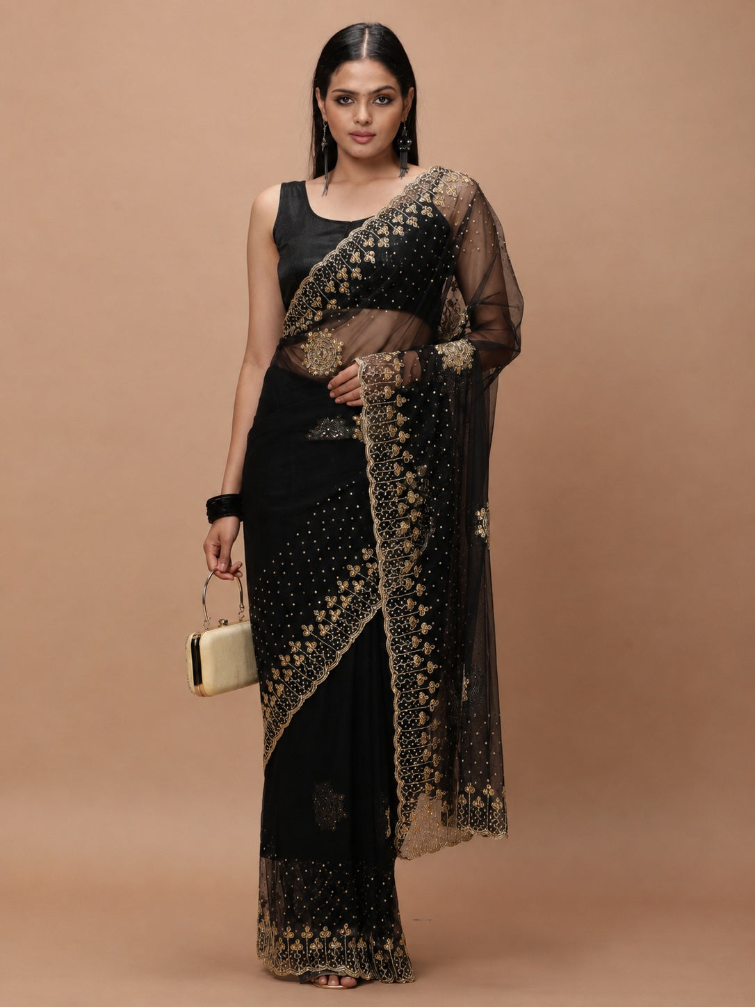 Vervee Couture Women Black Embellished Net Saree with Semi-Stitched Designer Blouse