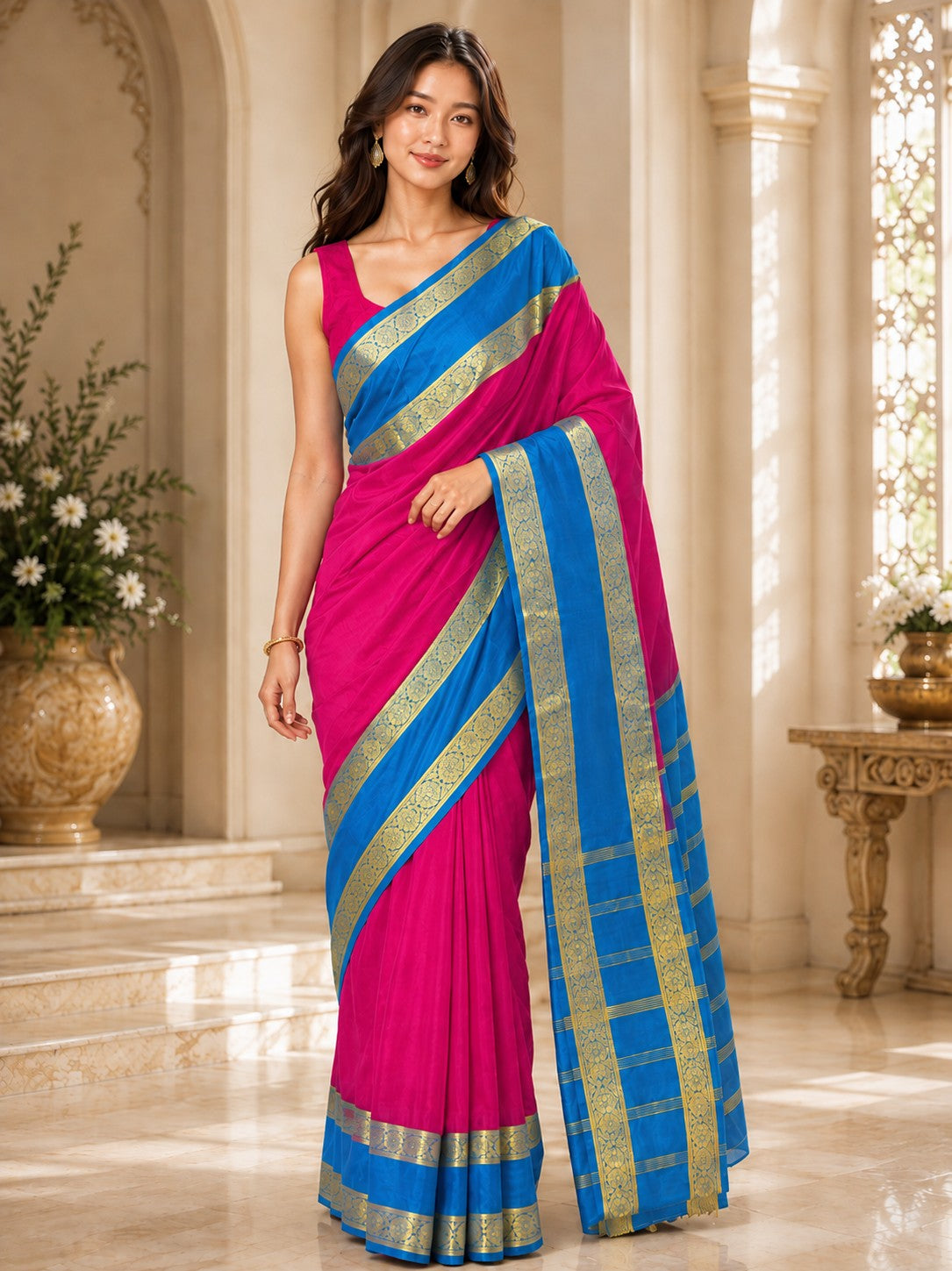 Vervee Couture Women Pink & Blue Woven Design Zari Silk Blend Saree