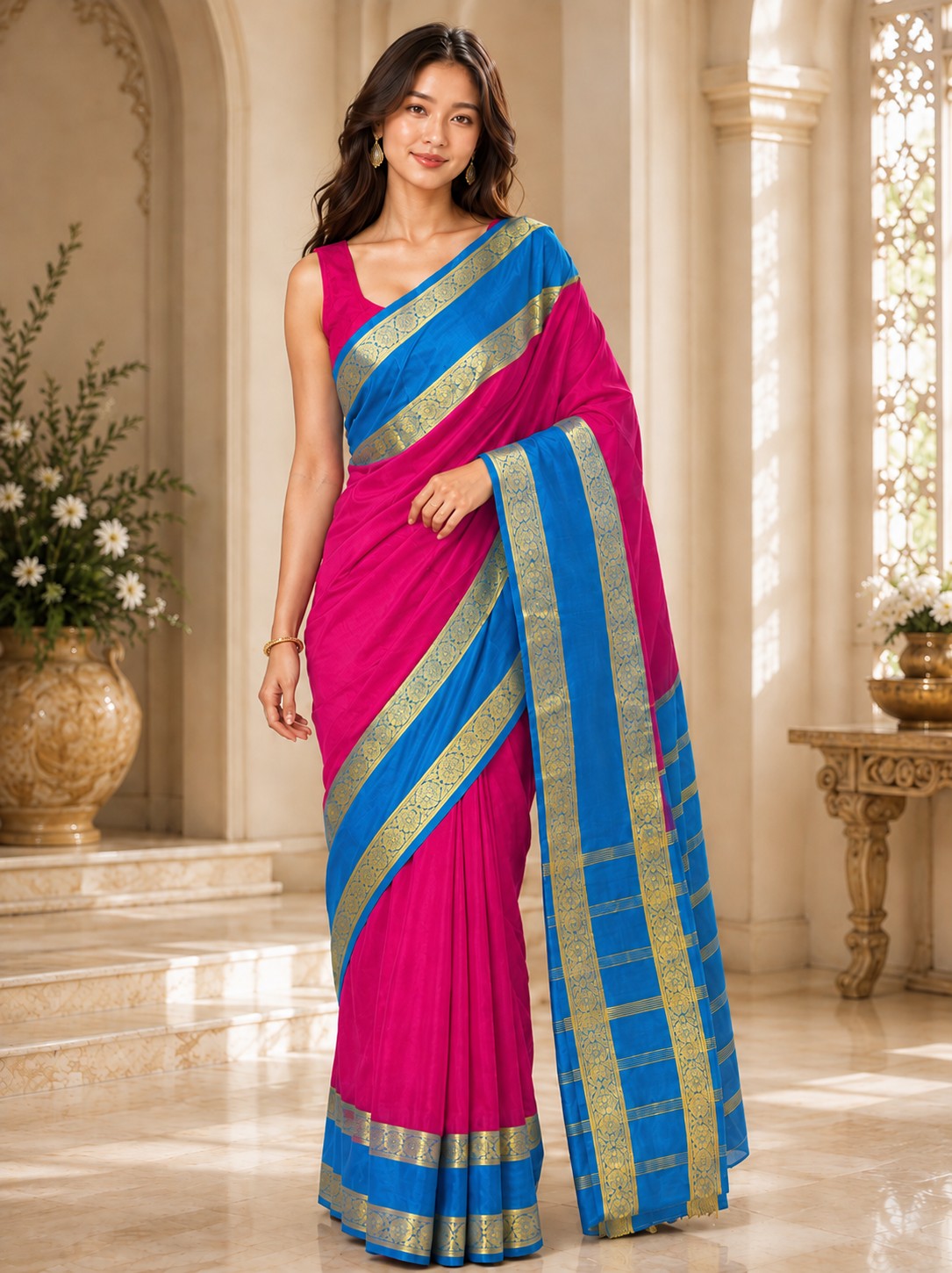 Vervee Couture Women Pink & Blue Woven Design Zari Silk Blend Saree