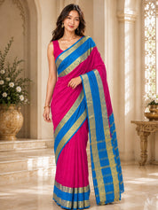 Vervee Couture Women Pink & Blue Woven Design Zari Silk Blend Saree