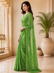 Vervee Couture Women Green Leheriya Georgette Saree with Semi-Stitched Blouse