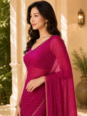 Vervee Couture Women Magenta Leheriya Georgette Saree with Semi-Stitched Blouse