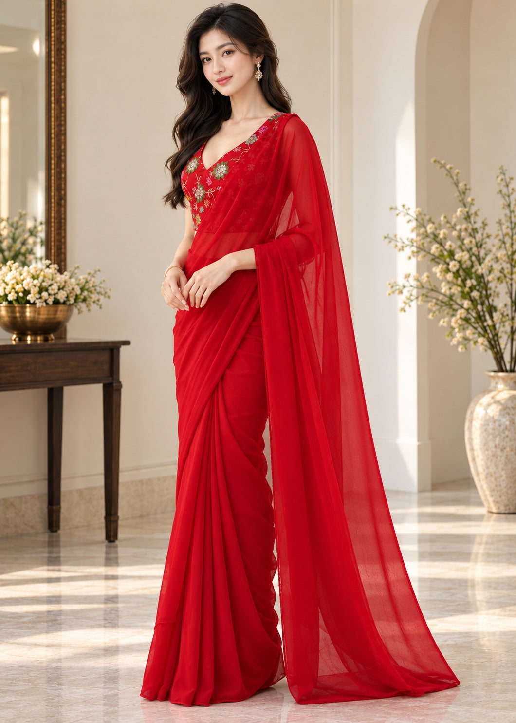 Vervee Couture Women Red Embellished Poly Georgette Saree with Semi-Stitched Designer Blouse