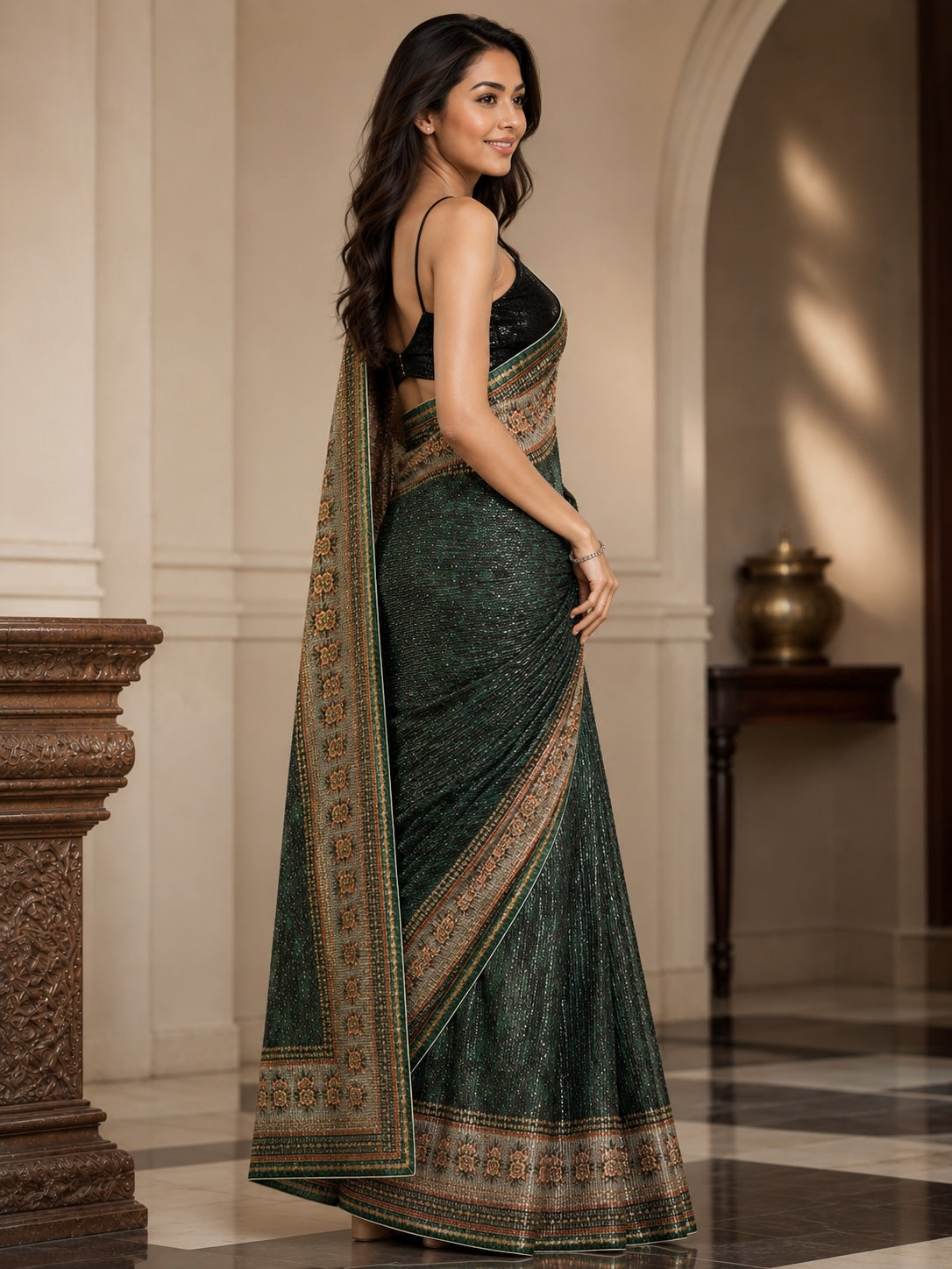 Vervee Couture Women Green Sequinned Net Saree with Semi-Stitched Designer Blouse