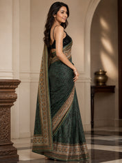 Vervee Couture Women Green Sequinned Net Saree with Semi-Stitched Designer Blouse