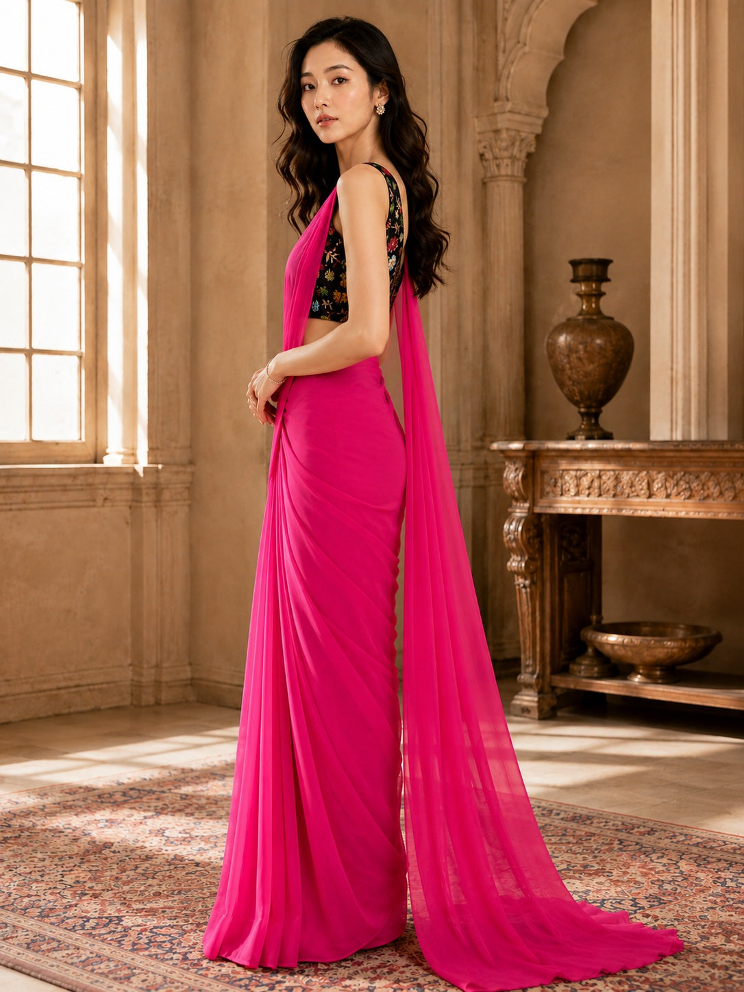Vervee Couture Women Pink Solid Poly Georgette Saree with Semi-Stitched Designer Blouse