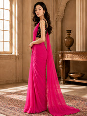 Vervee Couture Women Pink Solid Poly Georgette Saree with Semi-Stitched Designer Blouse
