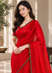 Vervee Couture Women Red Solid Tissue Saree