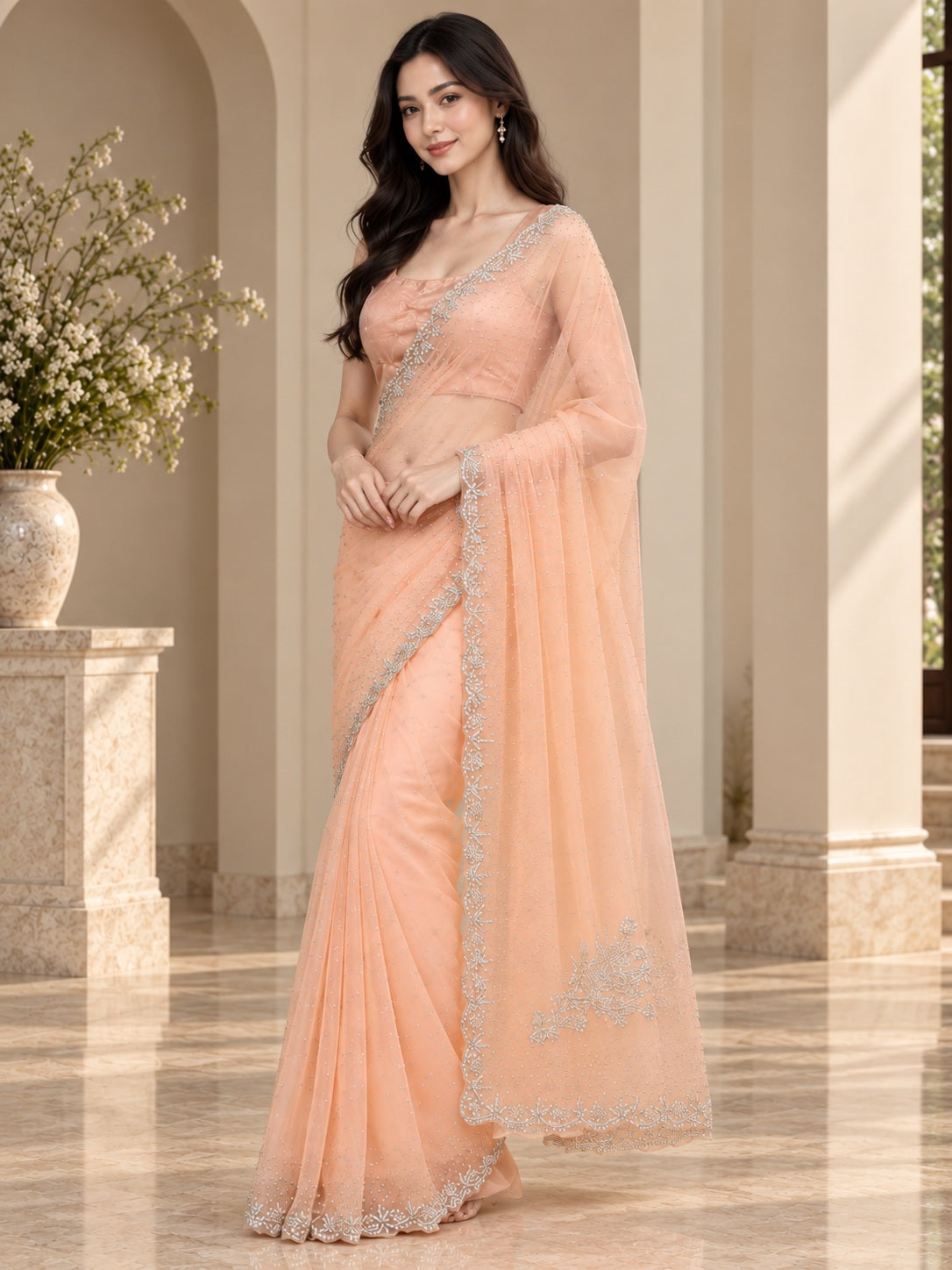 Vervee Couture Women Peach Embellished Net Saree with Semi-Stitched Designer Blouse