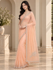 Vervee Couture Women Peach Embellished Net Saree with Semi-Stitched Designer Blouse