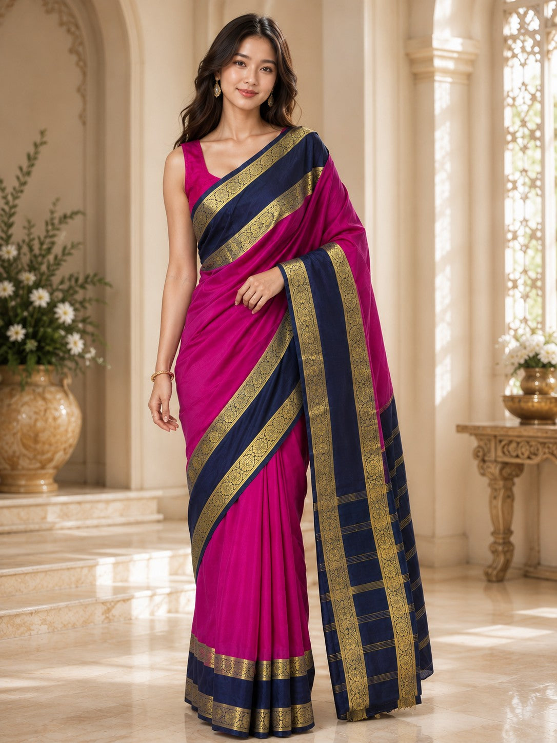 Vervee Couture Women Pink & Navy Blue Woven Design Zari Silk Saree