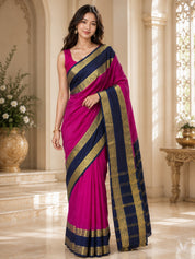 Vervee Couture Women Pink & Navy Blue Woven Design Zari Silk Saree