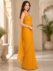 Vervee Couture Women Yellow Leheriya Georgette Saree with Semi-Stitched Blouse