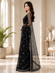 Vervee Couture Women Black Embroidered Poly Net Saree
