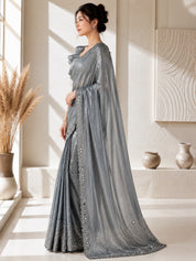 Vervee Couture Women Grey Embellished Organza Saree with Semi-Stitched Designer Blouse