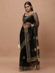 Vervee Couture Women Black Embellished Net Saree with Semi-Stitched Designer Blouse