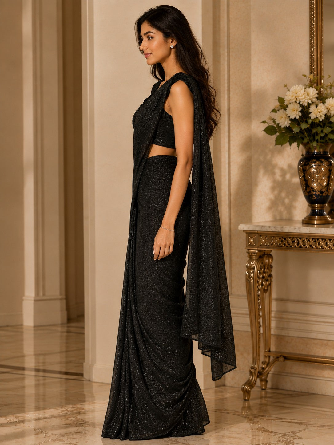 Vervee Couture Women Black Shimmer Ready to Wear Saree