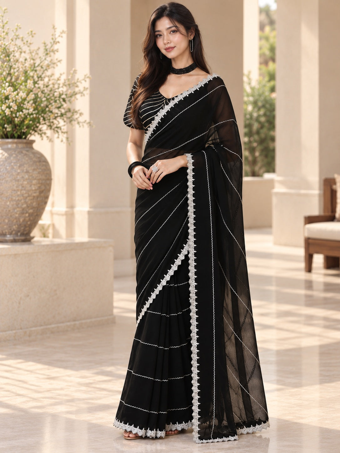 Vervee Couture Women Black Embellished Poly Georgette Saree with Semi-Stitched Designer Blouse