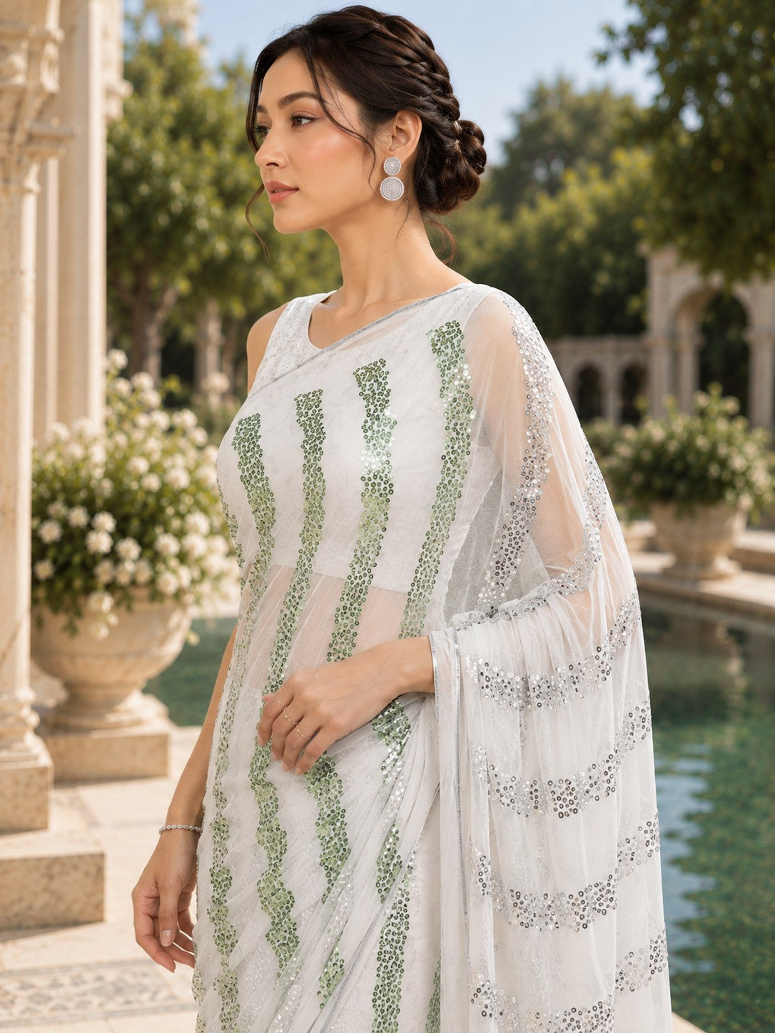 Vervee Couture Women White and Green Embellished Georgette Saree