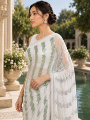 Vervee Couture Women White and Green Embellished Georgette Saree