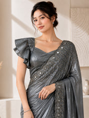 Vervee Couture Women Grey Embellished Organza Saree with Semi-Stitched Designer Blouse