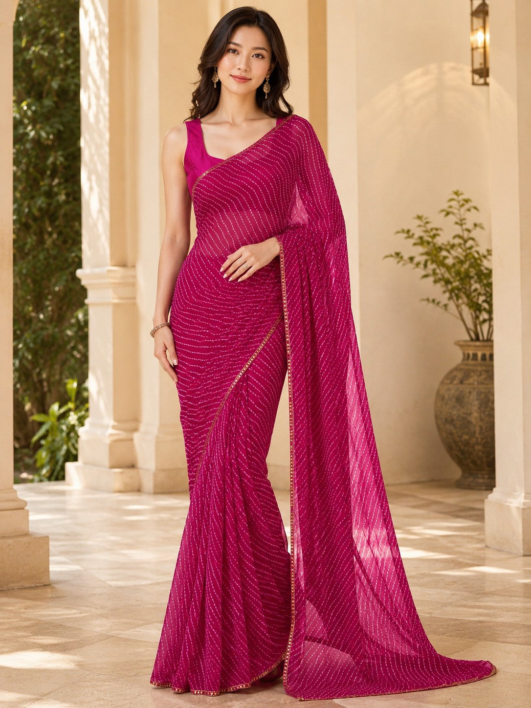 Vervee Couture Women Magenta Leheriya Georgette Saree with Semi-Stitched Blouse