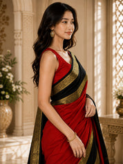 Vervee Couture Women Red & Black Woven Design Zari Silk Blend Saree