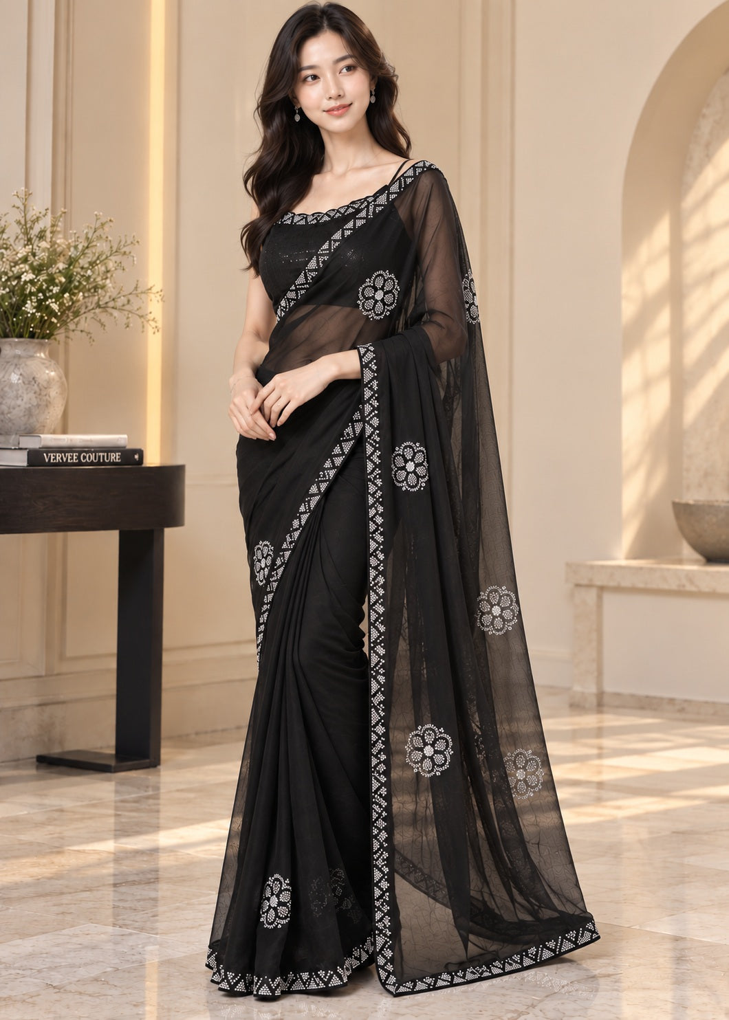 Vervee Couture Women Black Stone Embellished Poly Net Saree